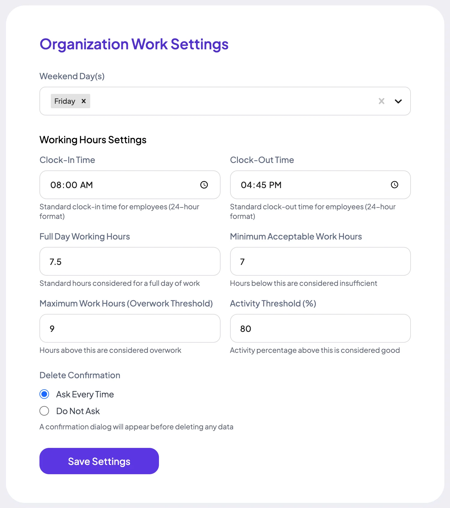 Organization Work Settings form with weekend days, clock-in and clock-out times, work hours and activity threshold