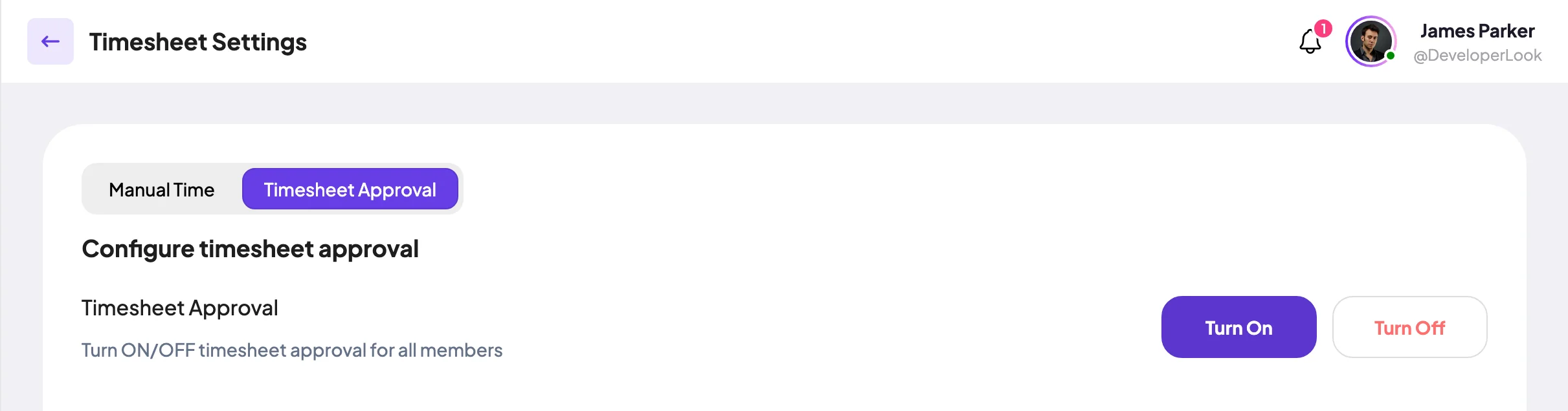 Timesheet Settings on the Timesheet Approval tab with Turn On and Turn Off buttons