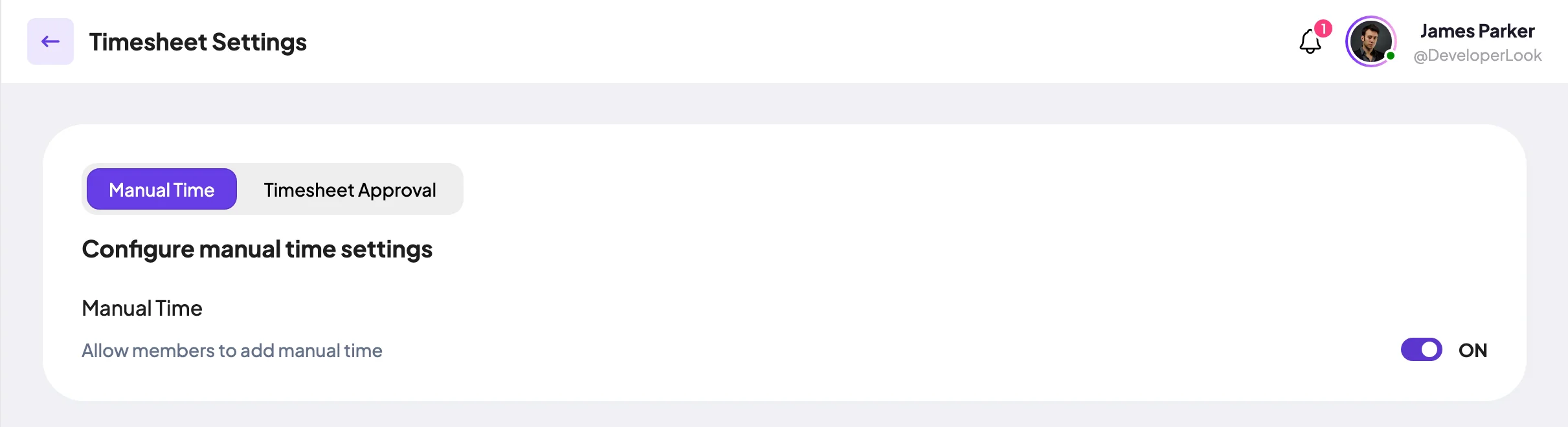Manual Time tab with the Allow members to add manual time switch