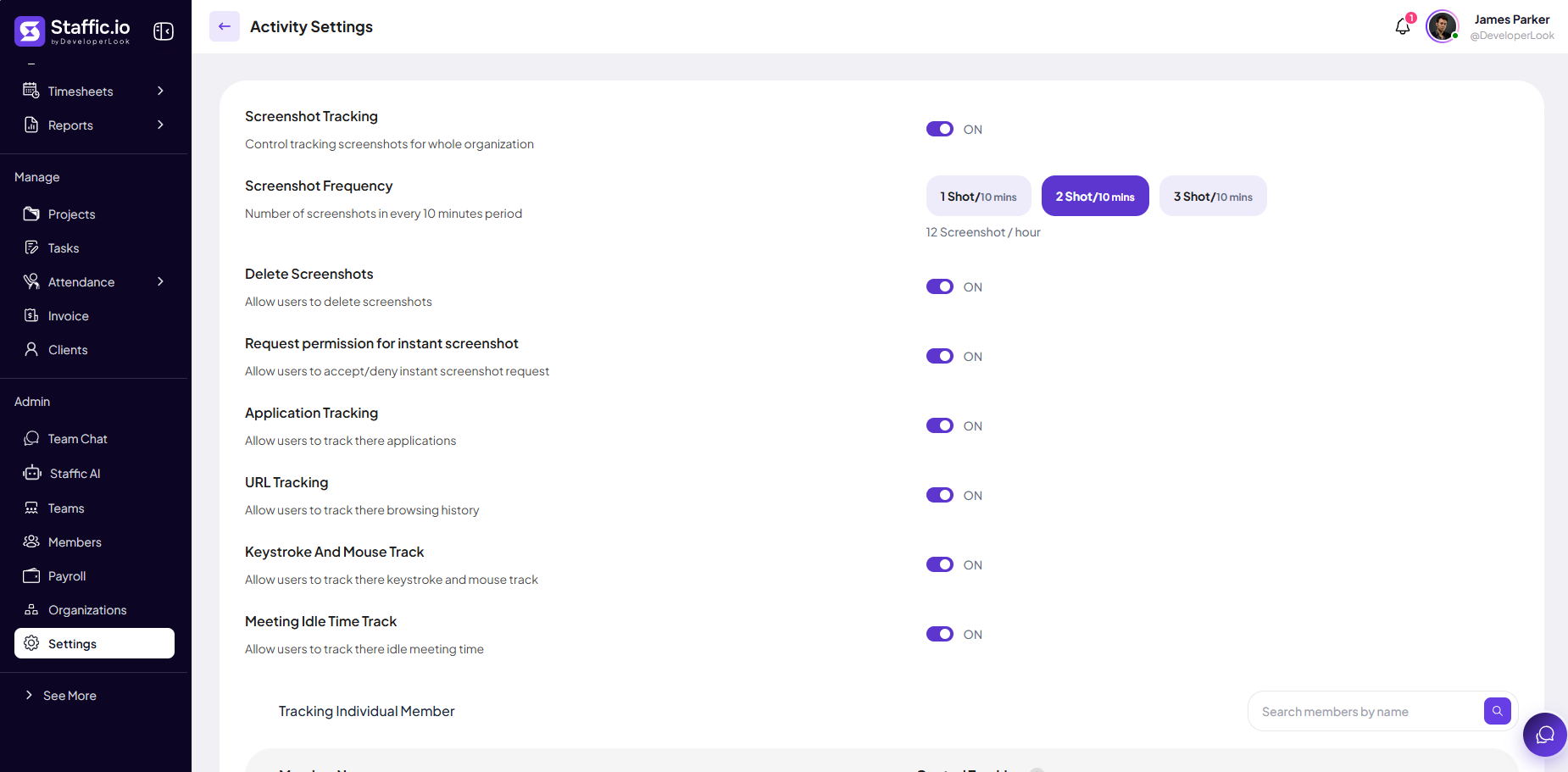Activity Settings with screenshot frequency, app and URL tracking, and keystroke toggles