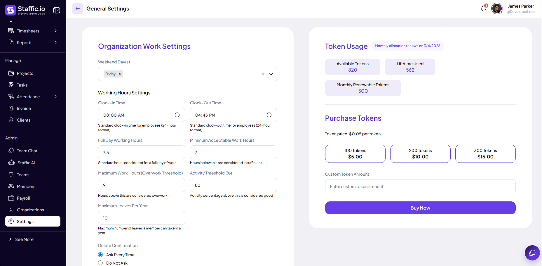 General Settings with working hours, activity threshold, and token purchase options
