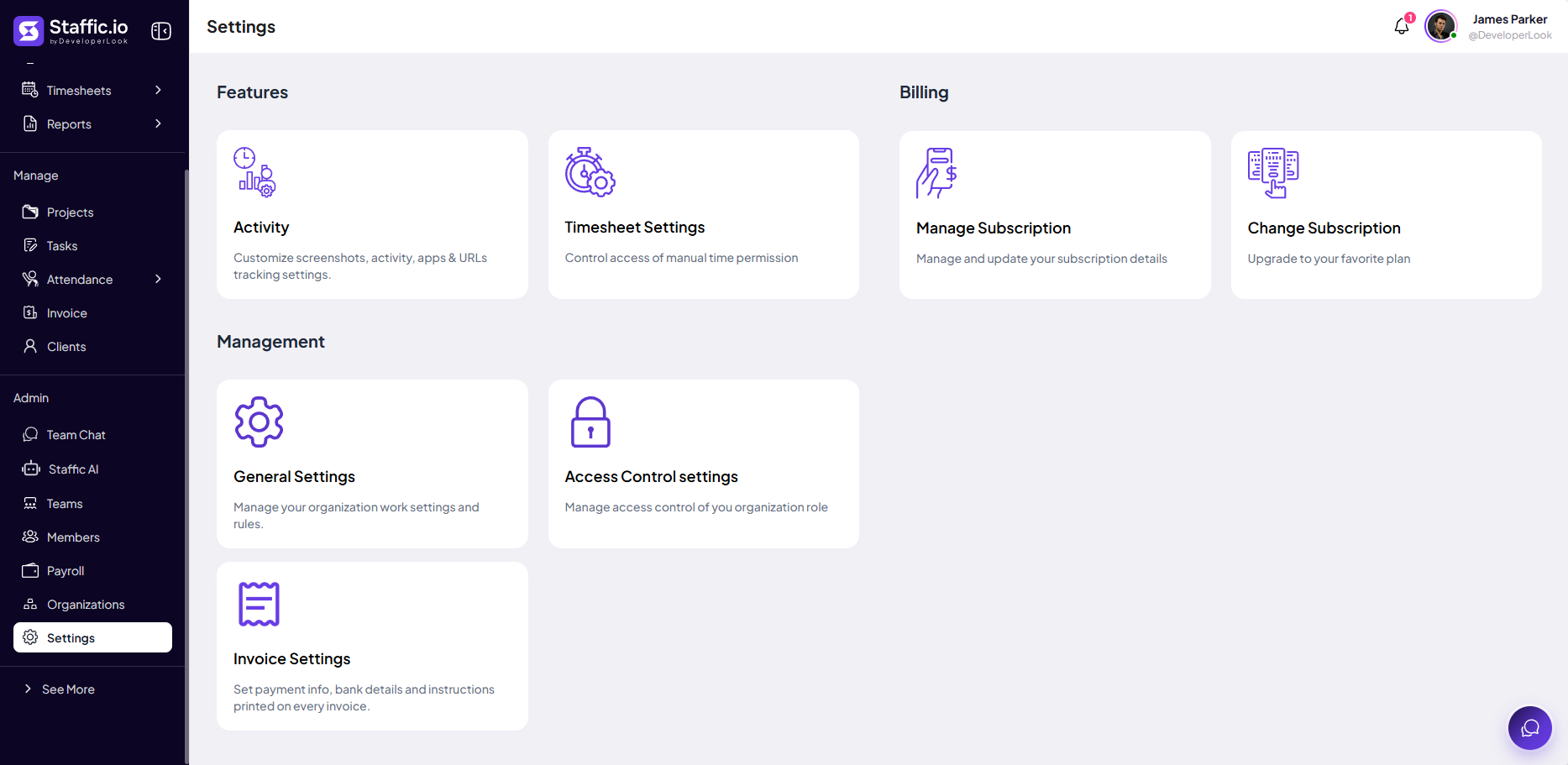 Settings hub with Activity, Timesheet, subscription, General, Access Control, and Invoice cards
