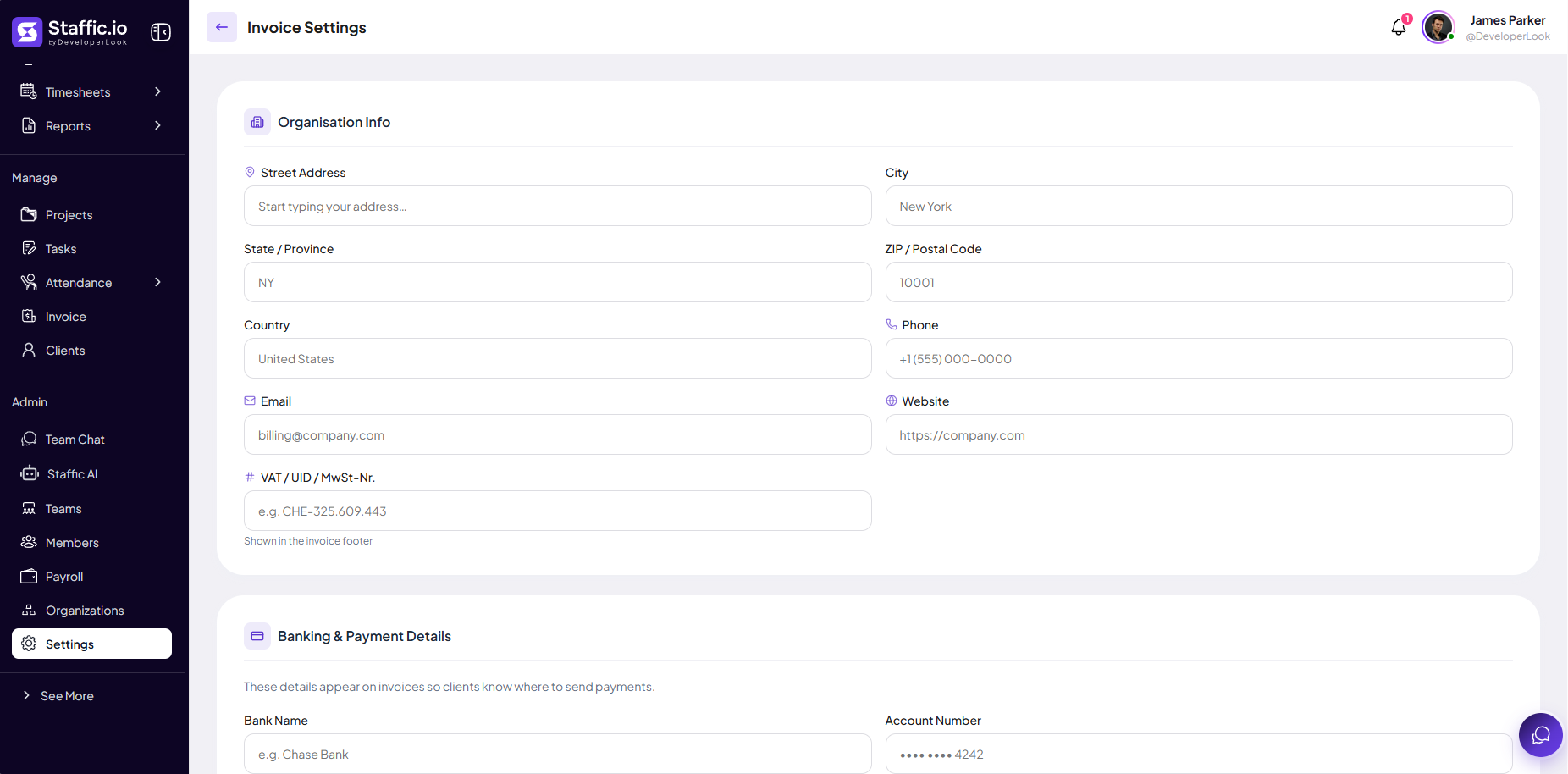 Invoice Settings with organisation address, contact fields, and banking details