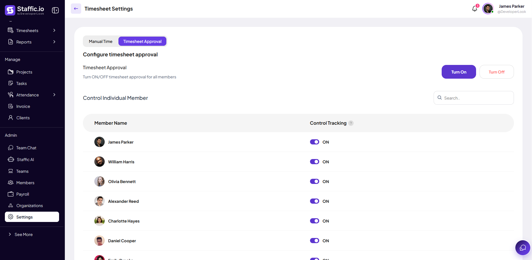 Timesheet Approval settings with Turn On Off and per-member approval toggles