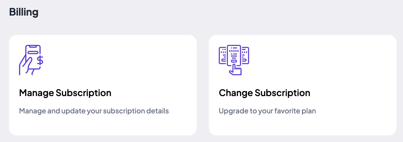 Billing group in Settings with the Manage Subscription and Change Subscription cards