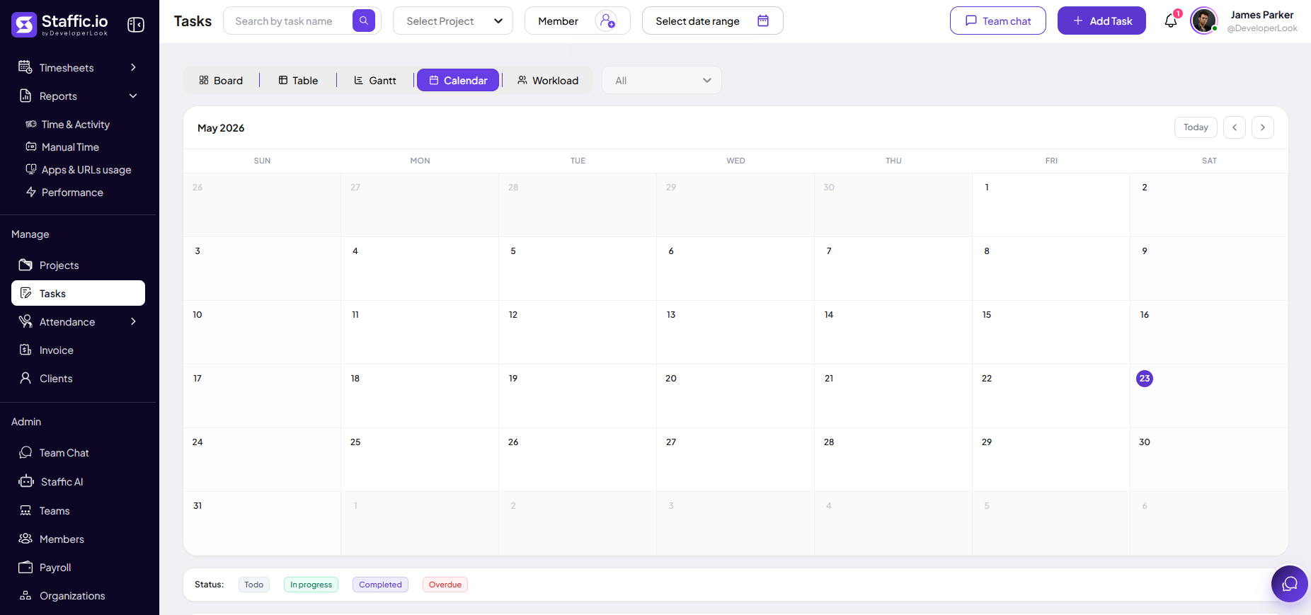 Tasks Calendar view for May with status legend and Unscheduled section