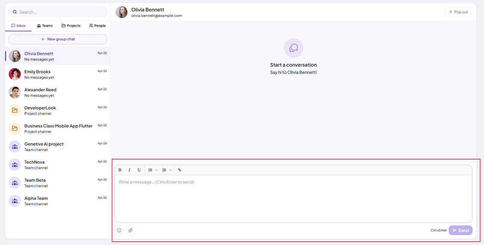 Team Chat conversation with rich text toolbar, emoji and attachment icons, and Send button