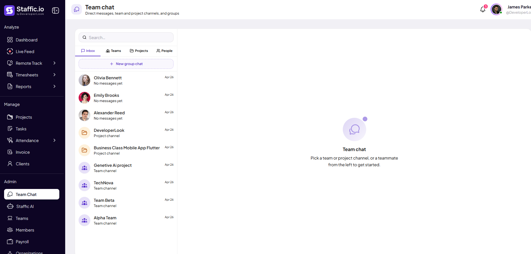 Team Chat inbox with search, Inbox Teams Projects People tabs, and conversation list