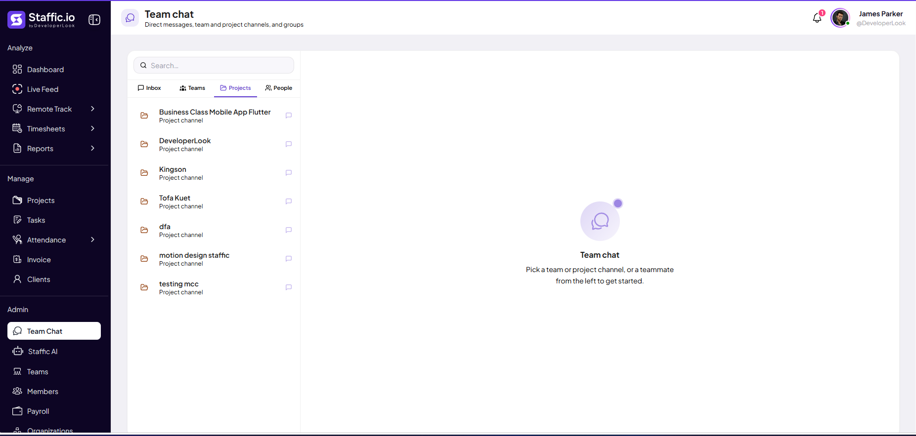 Team Chat Projects tab with project channel list