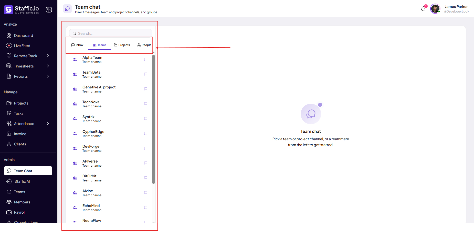 Team Chat Teams tab listing team channels such as Alpha Team and TechNova