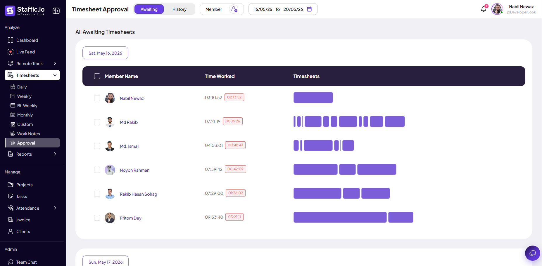 Timesheet Approval page with Awaiting and History tabs, member list showing time worked and timesheet timeline bars per day