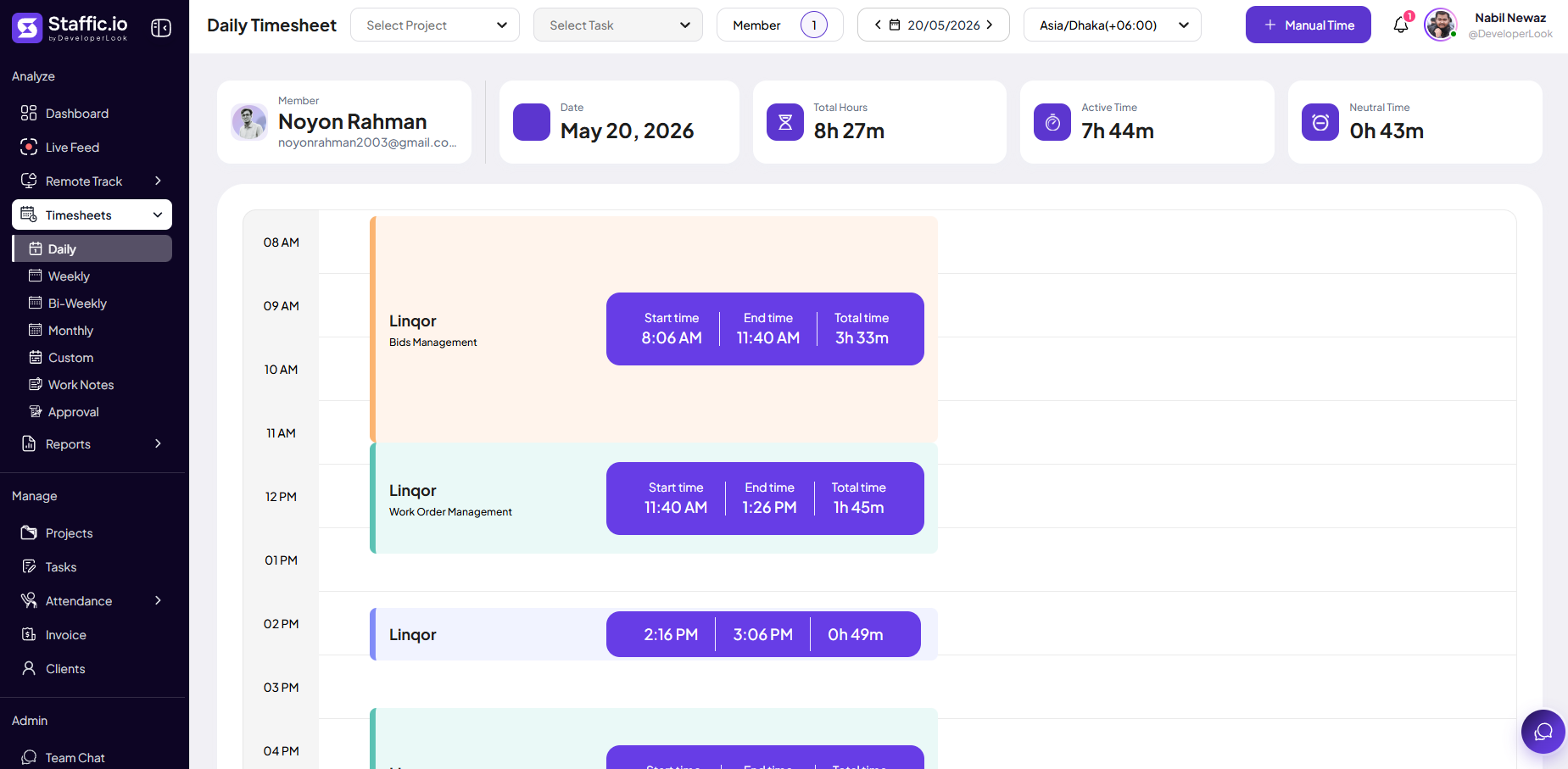 Daily Timesheet page with date picker, summary cards for total and active hours, and a timeline of project and task entries