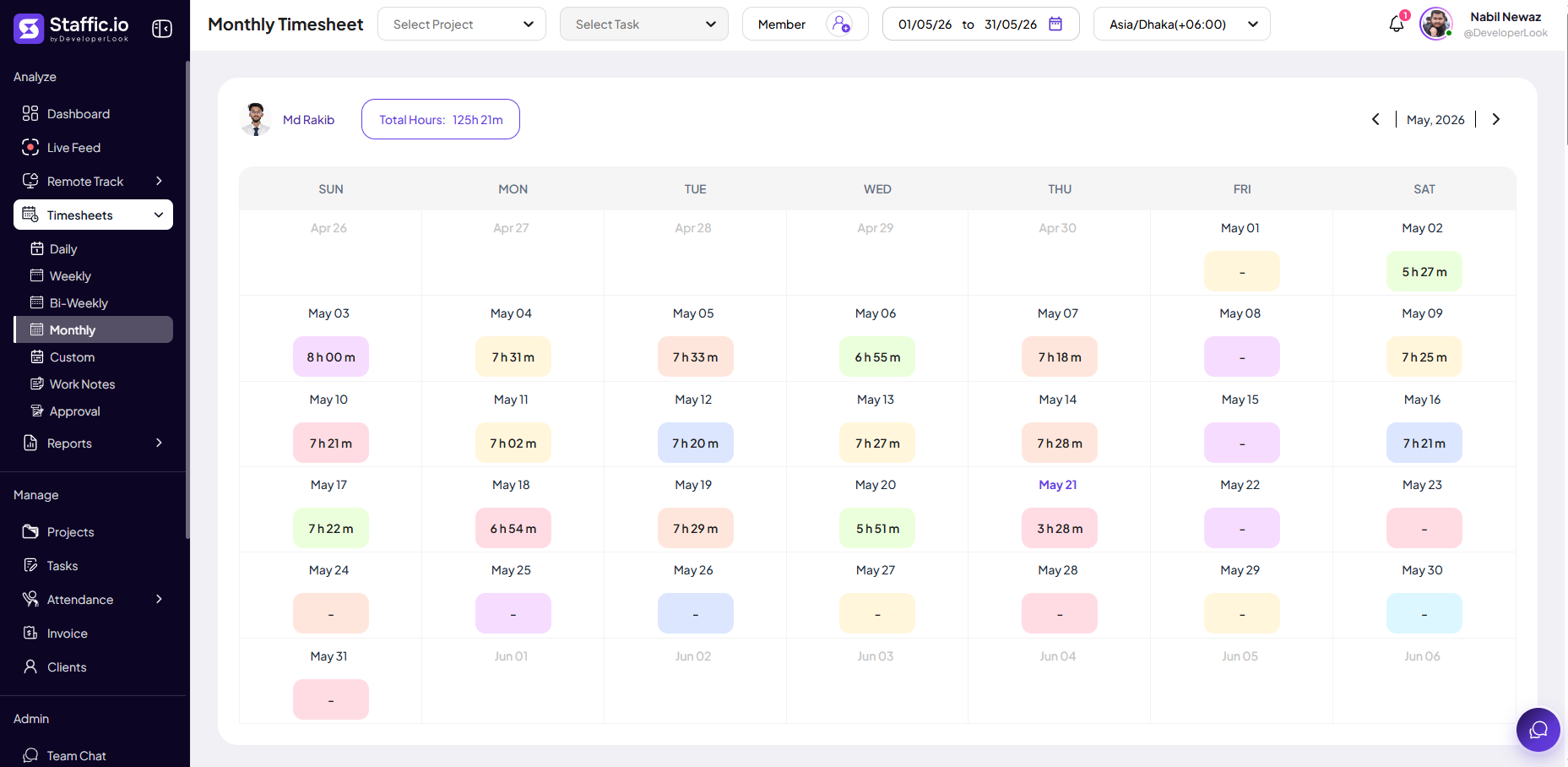 Monthly Timesheet page with calendar grid showing daily hours per member and total hours for the month