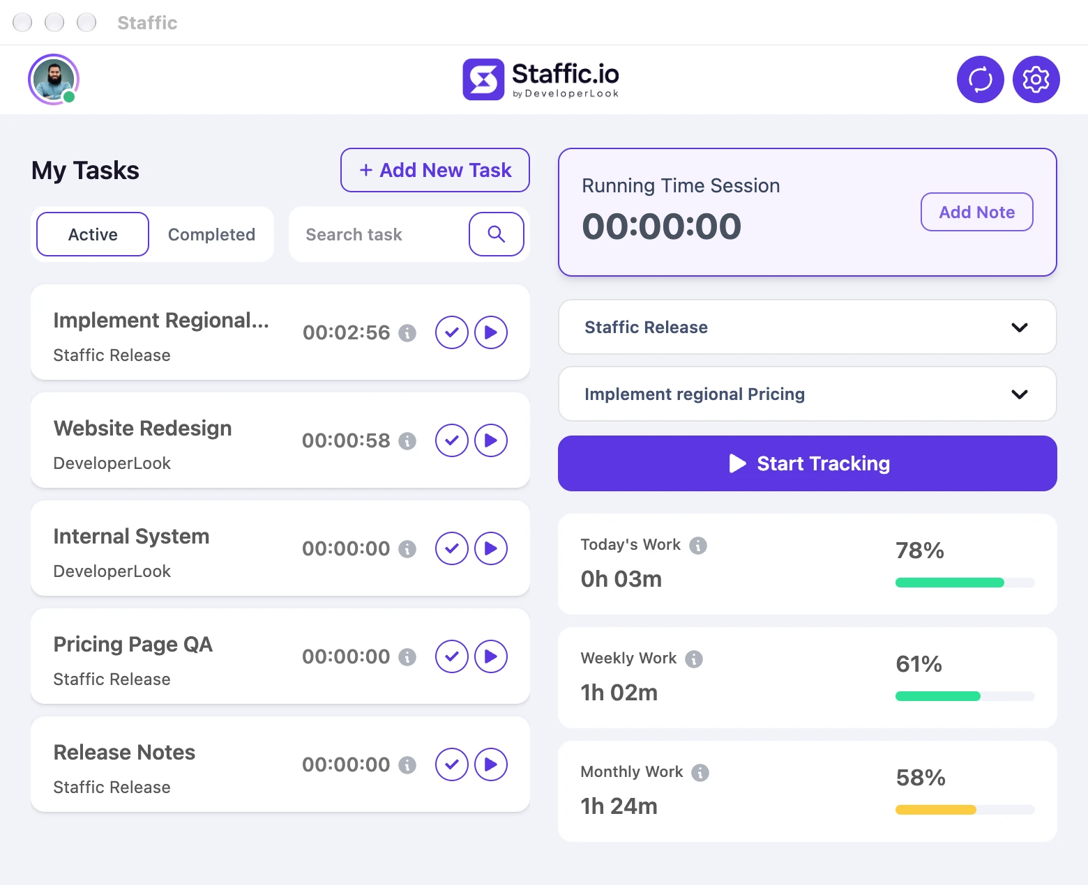 Staffic desktop app on macOS before tracking: My Tasks, the Running Time Session at 00:00:00, project and task pickers and Start Tracking