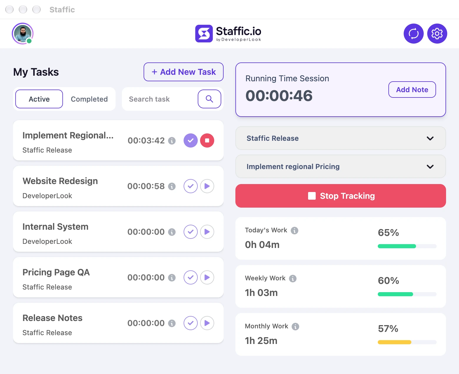 Staffic desktop app on macOS while tracking Implement Regional Pricing in Staffic Release: the timer running and a red Stop Tracking button