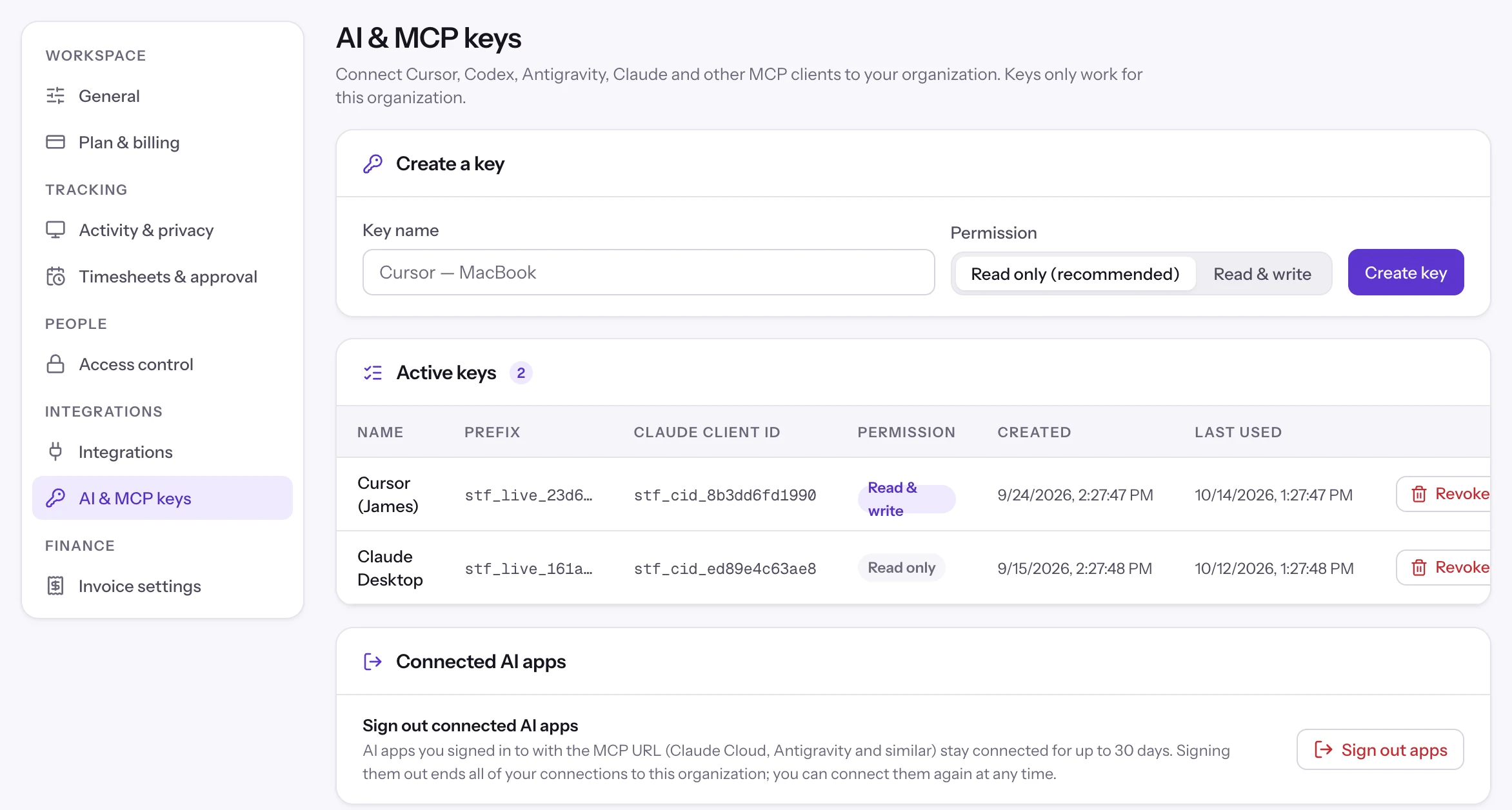 Staffic Settings, AI & MCP keys: create a read-only or read and write key, the active keys and connected AI apps