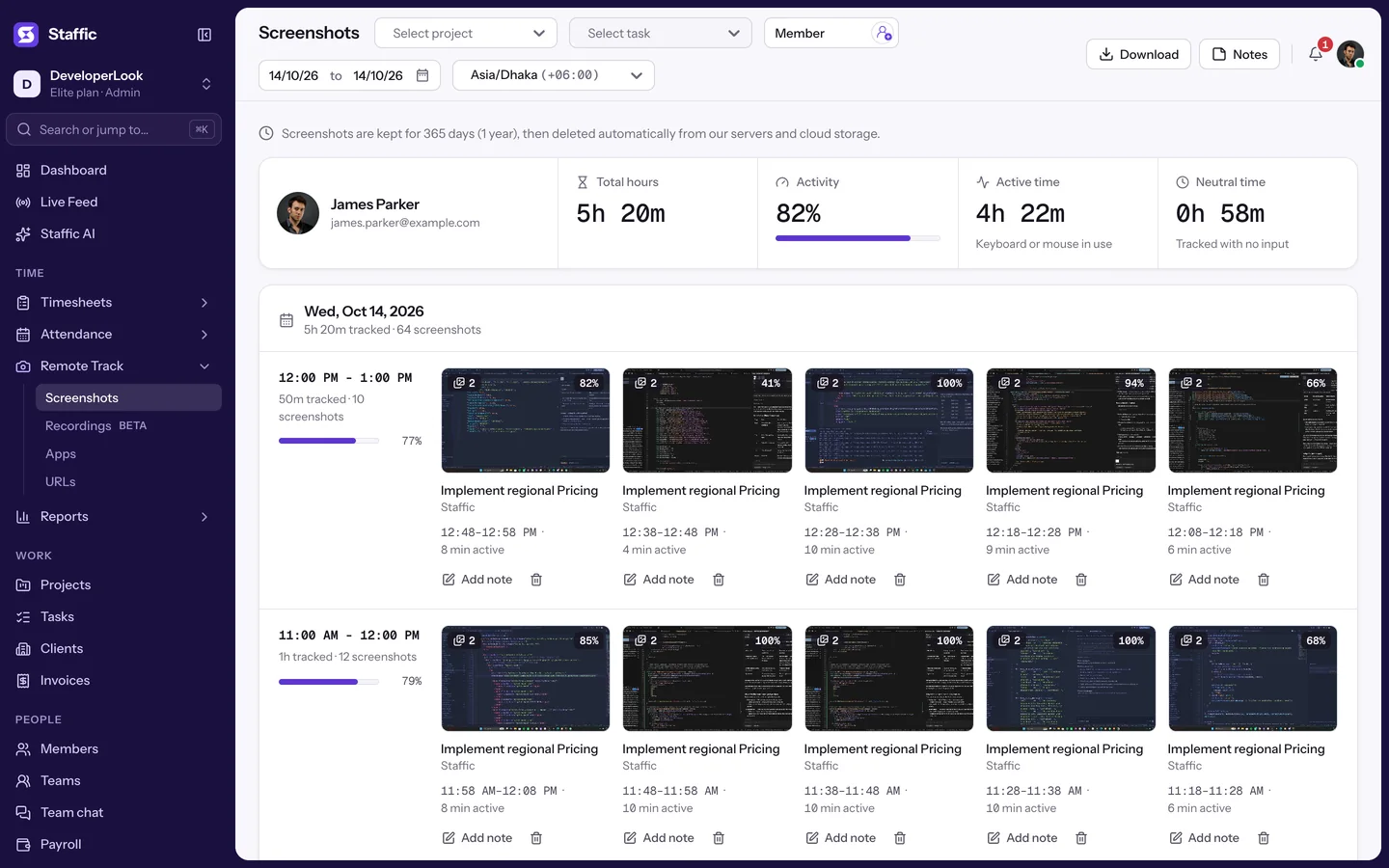 Screenshots page for James Parker: 5h 20m tracked, 82% activity, and today’s captures grouped by hour