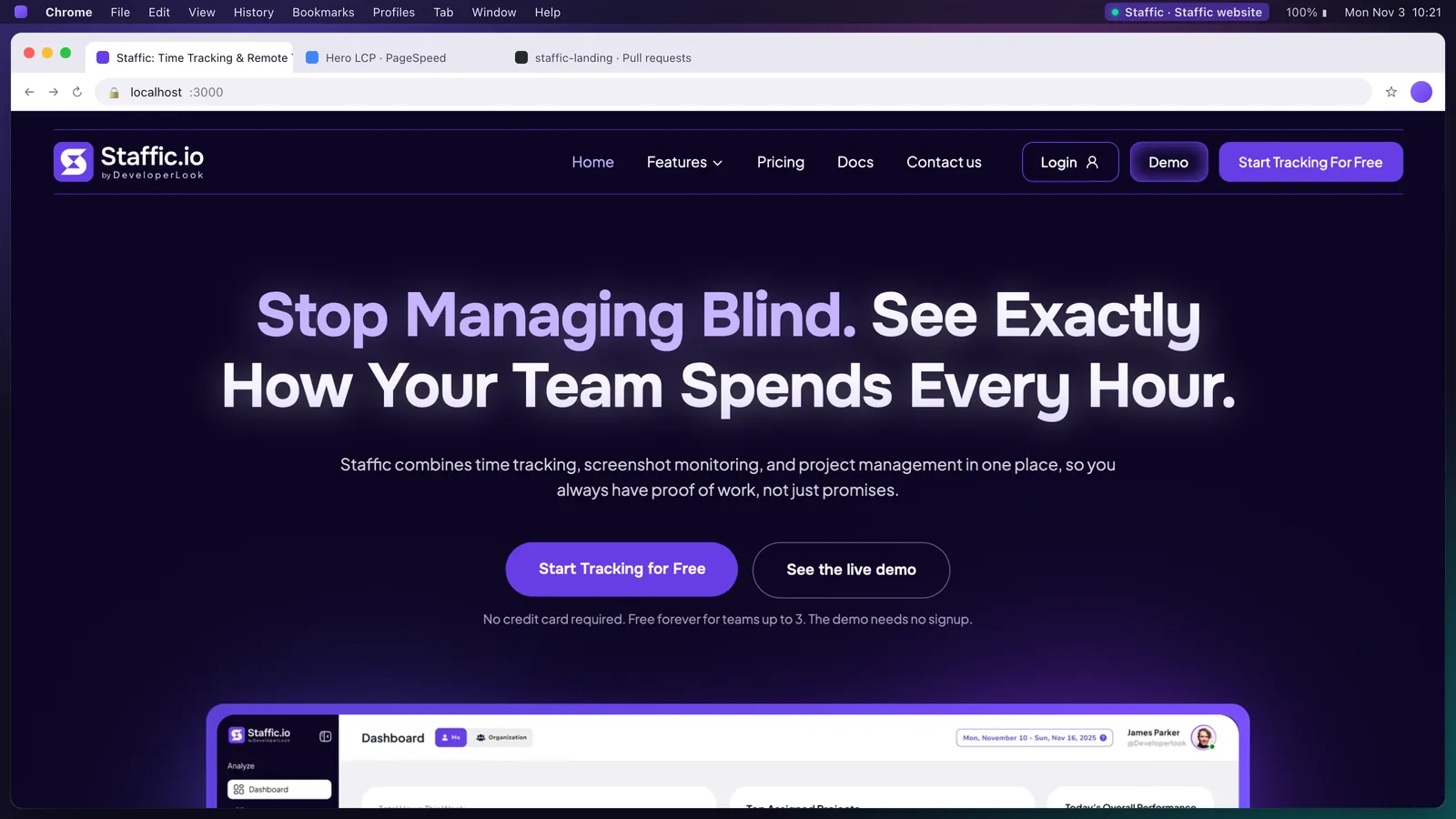 The Staffic homepage running on localhost in Chrome