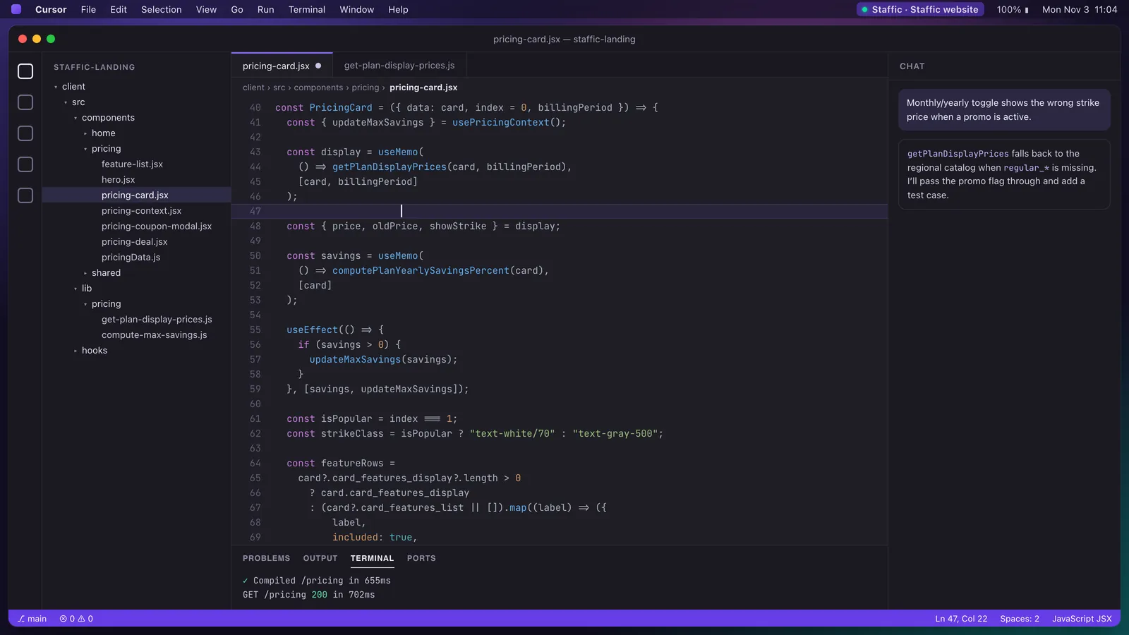 Latest screenshot: the pricing card component open in the code editor