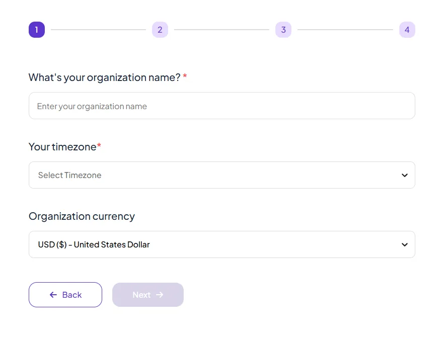 Organization details form with name, timezone and currency