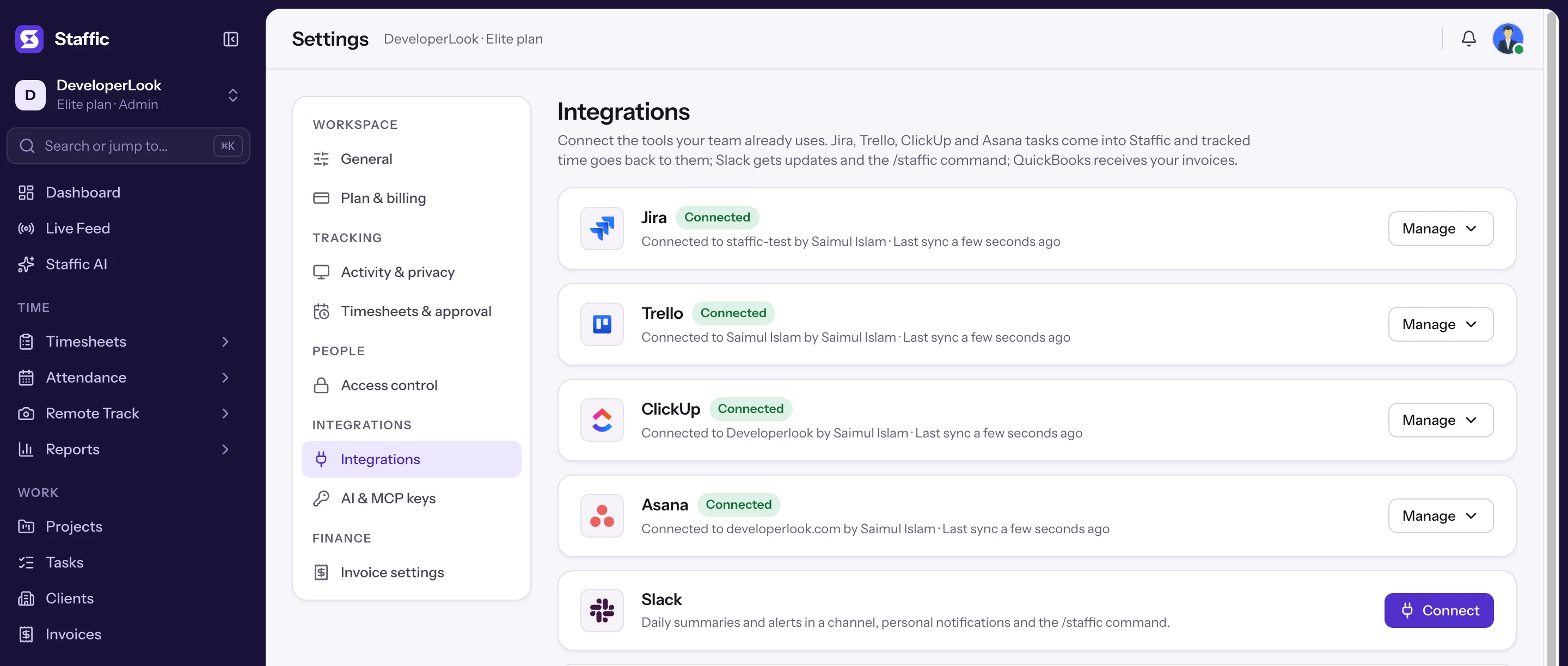 Staffic Settings > Integrations with Jira, Trello, ClickUp and Asana connected, each with its last sync time