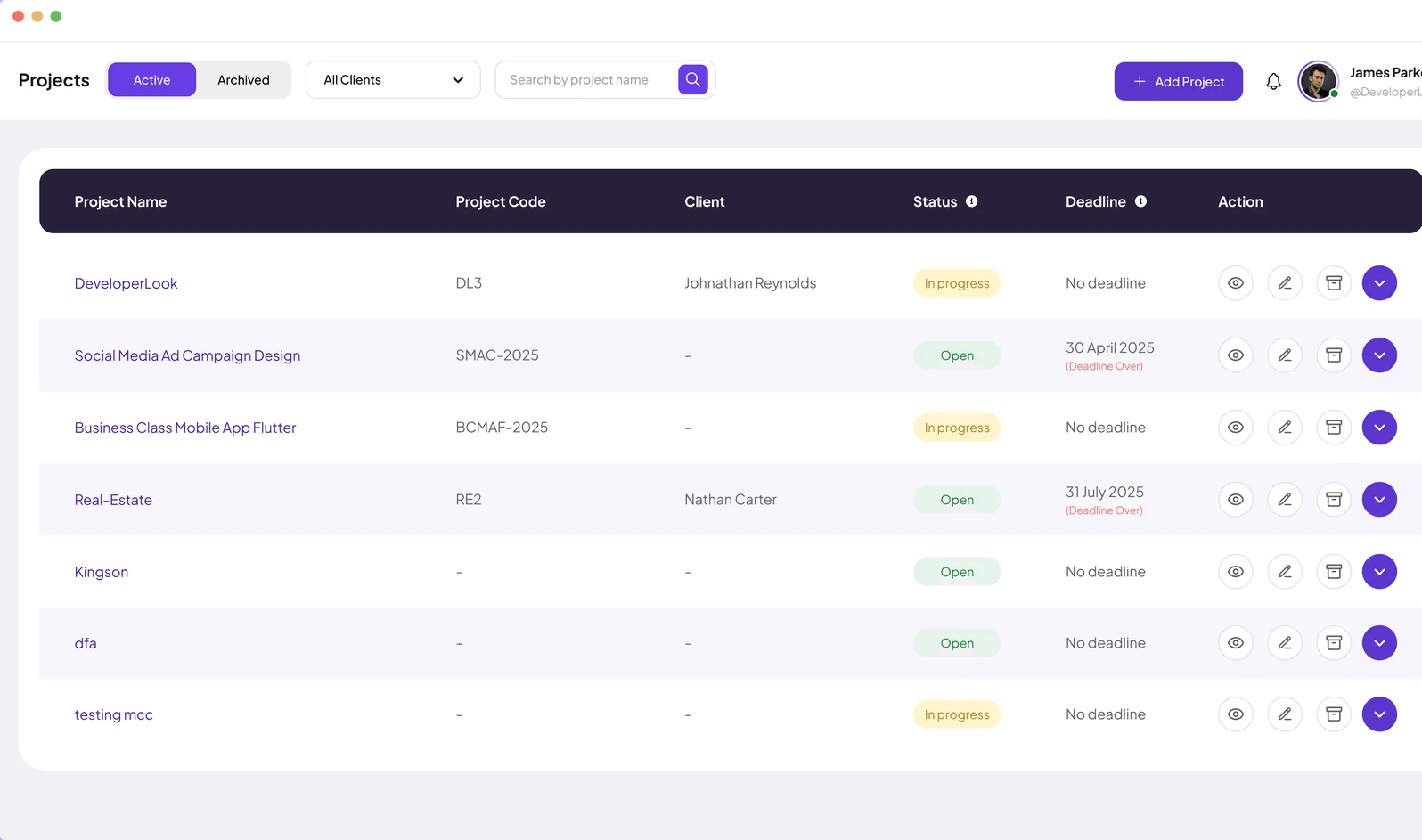 Staffic Projects list with project codes, clients, status and deadlines