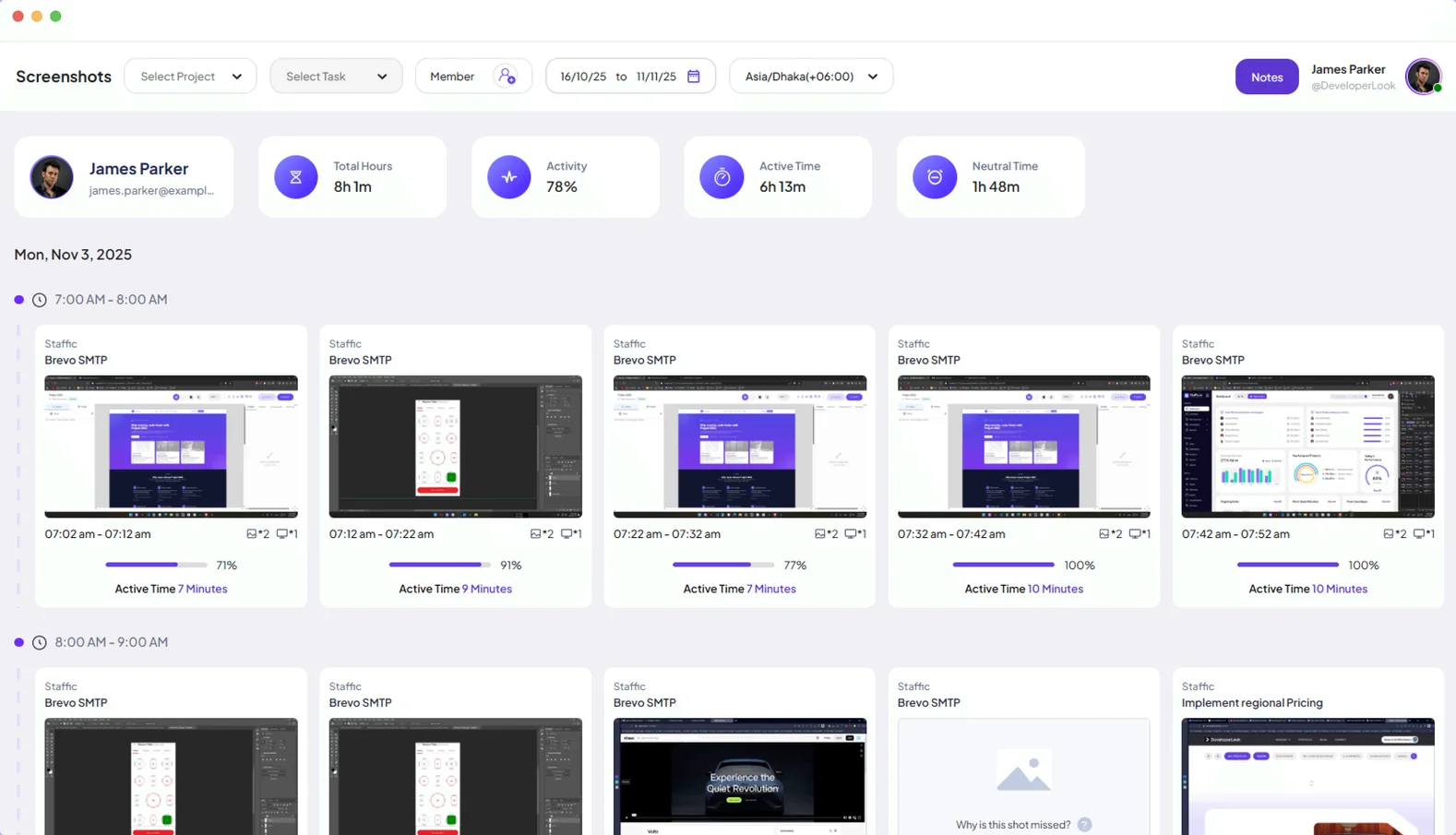 Staffic Screenshots page with captures grouped by hour